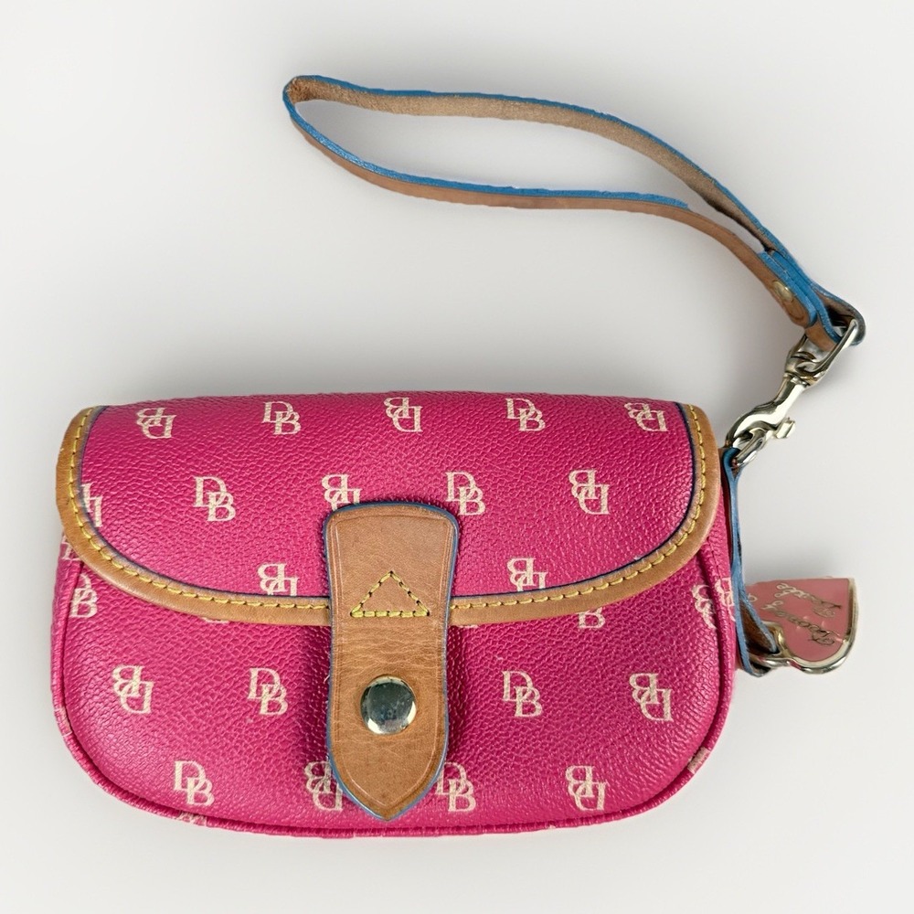 Dooney & Bourke Monogram Wristlet Pink Leather Trim Heart Charm Small Bag $98